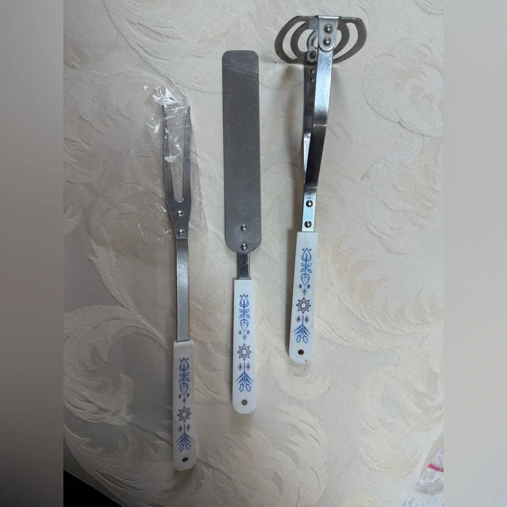Vintage EKCO Stainless Steel Serving Utensils Milk Glass Handles Mid-Century Set